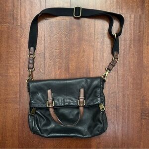 Fossil Explorer Tote in Black Leather with Brown Leather and Brass Accents